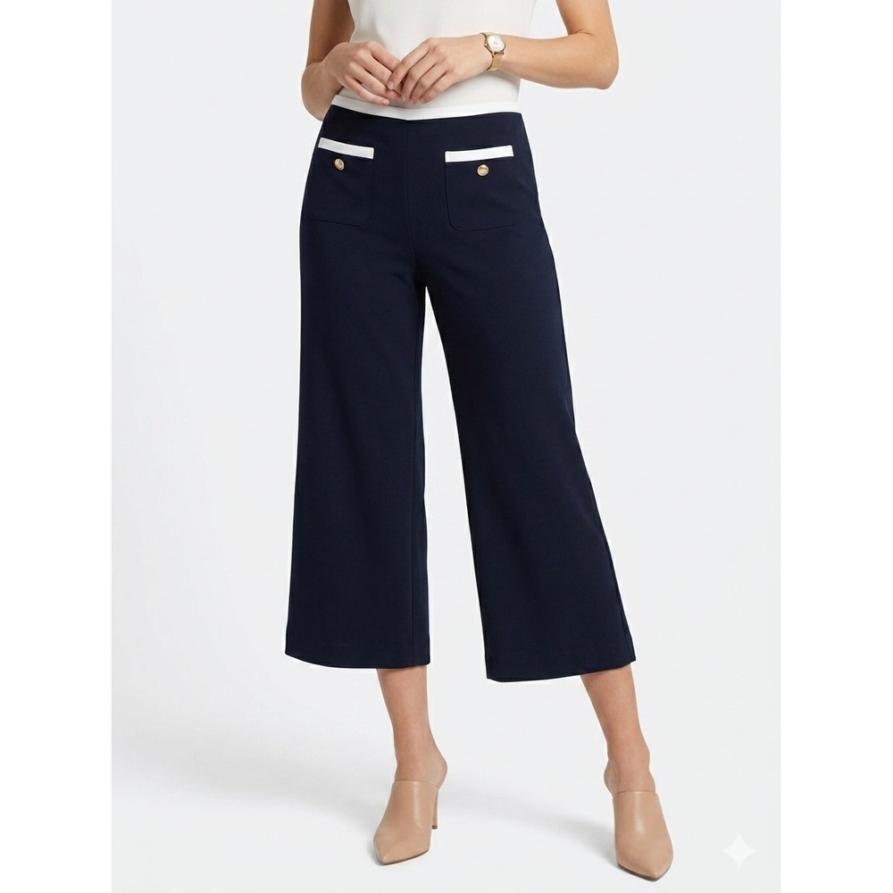 Rachel Zoe Wide Leg Culotte Pants White Trim Gold Button Navy Blue Extra Large